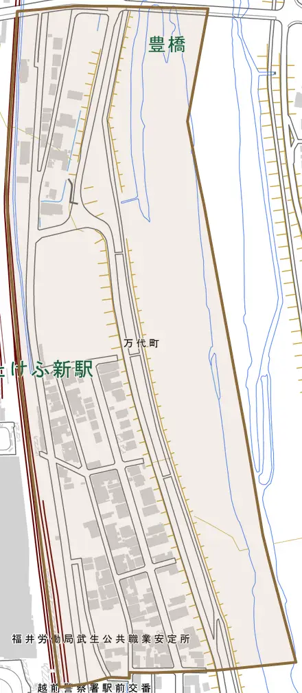 万代町とその周辺の地図。町の範囲を重ねている