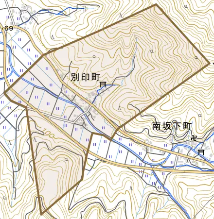 別印町とその周辺の地図。町の範囲を重ねている