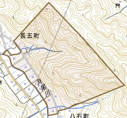長五町とその周辺の地図。町の範囲を重ねている