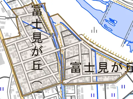 富士見が丘とその周辺の地図。町の範囲を重ねている