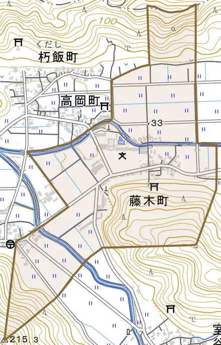 藤木町とその周辺の地図。町の範囲を重ねている