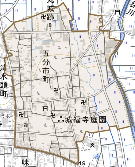 五分市町とその周辺の地図。町の範囲を重ねている