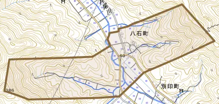 八石町とその周辺の地図。町の範囲を重ねている