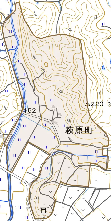 萩原町とその周辺の地図。町の範囲を重ねている