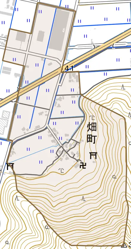 畑町とその周辺の地図。町の範囲を重ねている