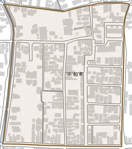 平和町とその周辺の地図。町の範囲を重ねている
