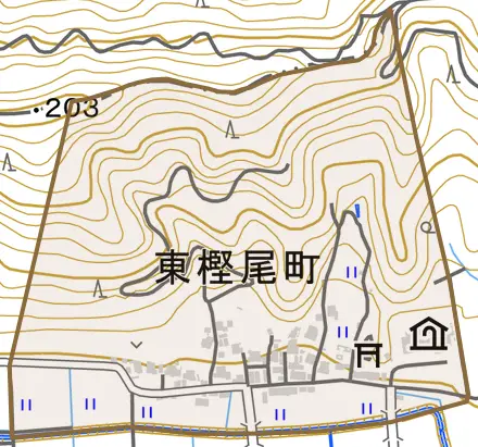 東樫尾町とその周辺の地図。町の範囲を重ねている