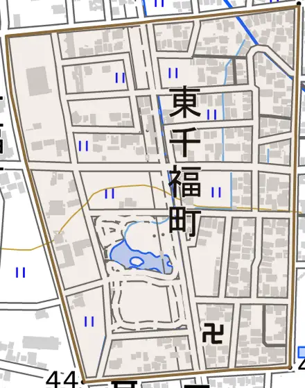 東千福町とその周辺の地図。町の範囲を重ねている