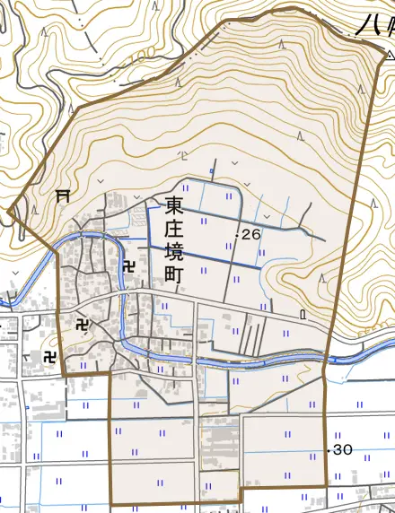 東庄境町とその周辺の地図。町の範囲を重ねている