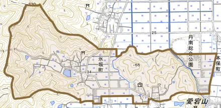 氷坂町とその周辺の地図。町の範囲を重ねている