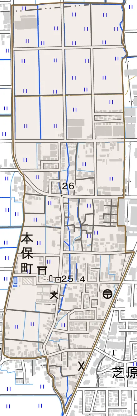 本保町とその周辺の地図。町の範囲を重ねている