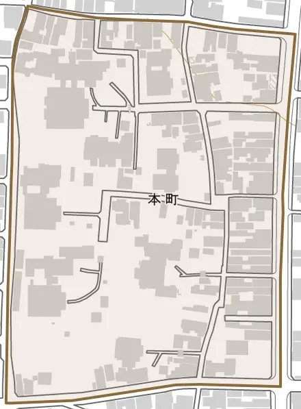 本町とその周辺の地図。町の範囲を重ねている