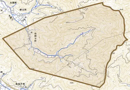 市野々町とその周辺の地図。町の範囲を重ねている