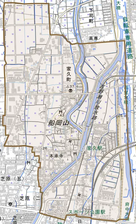 家久町とその周辺の地図。町の範囲を重ねている