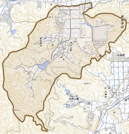 池ノ上町とその周辺の地図。町の範囲を重ねている