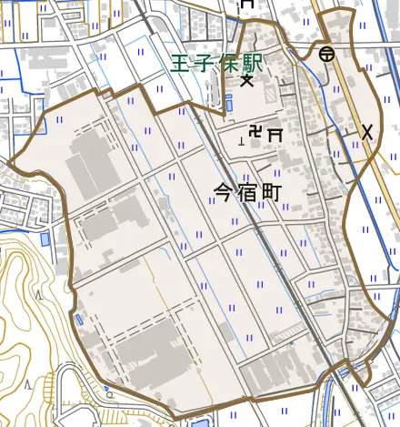 今宿町とその周辺の地図。町の範囲を重ねている