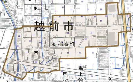 稲寄町とその周辺の地図。町の範囲を重ねている