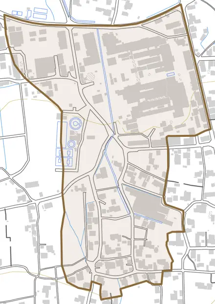 上真柄町とその周辺の地図。町の範囲を重ねている