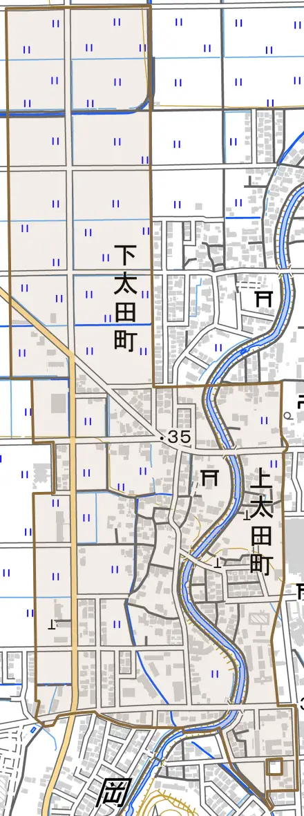 上太田町とその周辺の地図。町の範囲を重ねている