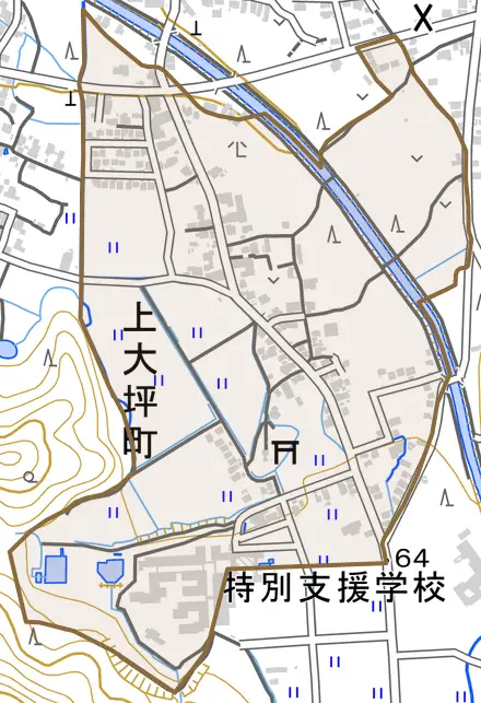 上大坪町とその周辺の地図。町の範囲を重ねている