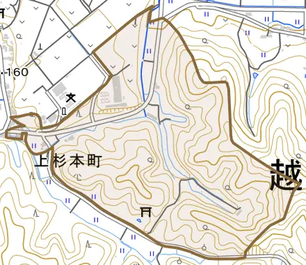 上杉本町とその周辺の地図。町の範囲を重ねている