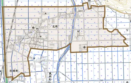 北町とその周辺の地図。町の範囲を重ねている