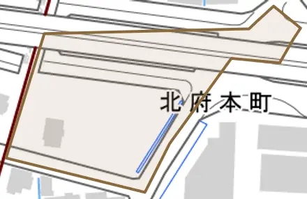 北府本町とその周辺の地図。町の範囲を重ねている