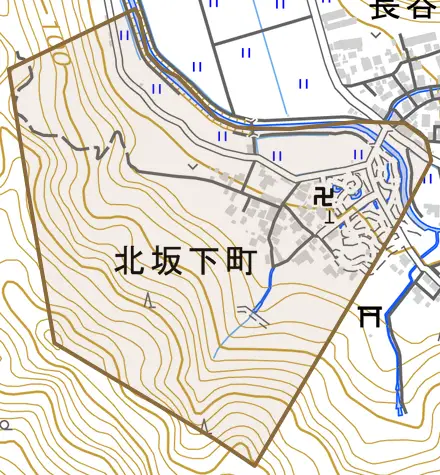北坂下町とその周辺の地図。町の範囲を重ねている