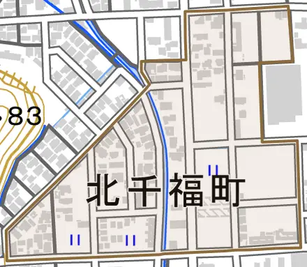 北千福町とその周辺の地図。町の範囲を重ねている