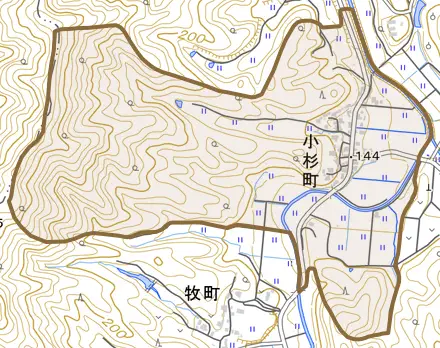 小杉町とその周辺の地図。町の範囲を重ねている