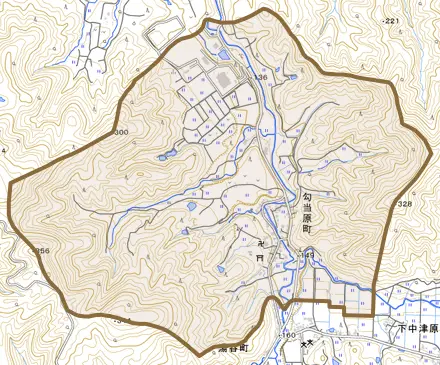 勾当原町とその周辺の地図。町の範囲を重ねている
