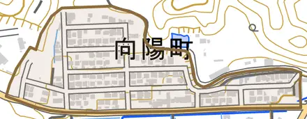 向陽町とその周辺の地図。町の範囲を重ねている
