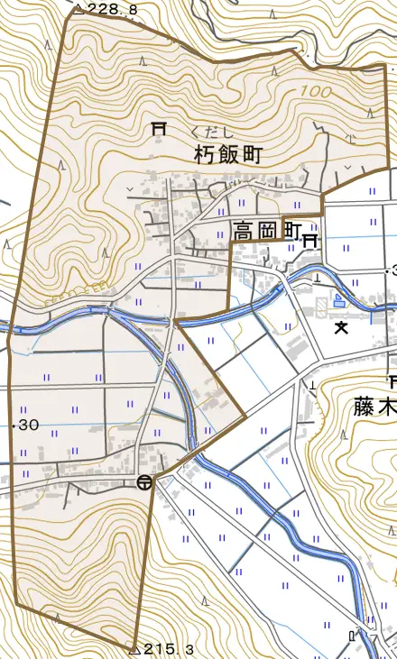 朽飯町とその周辺の地図。町の範囲を重ねている