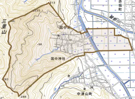 国中町とその周辺の地図。町の範囲を重ねている