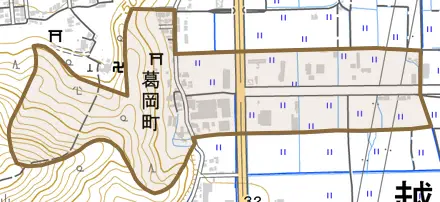 葛岡町とその周辺の地図。町の範囲を重ねている