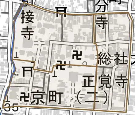 京町とその周辺の地図。町の範囲を重ねている