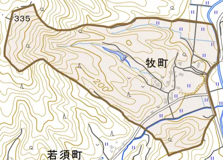牧町とその周辺の地図。町の範囲を重ねている
