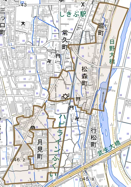 松森町とその周辺の地図。町の範囲を重ねている