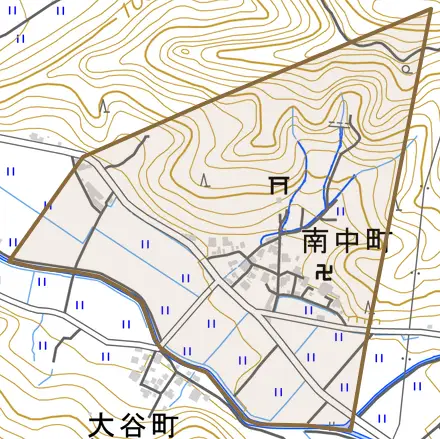 南中町とその周辺の地図。町の範囲を重ねている