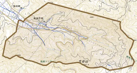 南坂下町とその周辺の地図。町の範囲を重ねている
