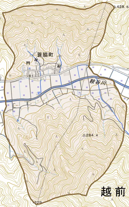 蓑脇町とその周辺の地図。町の範囲を重ねている