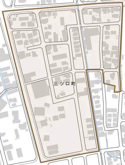 三ツ口町とその周辺の地図。町の範囲を重ねている