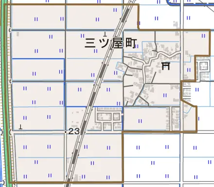 三ツ屋町とその周辺の地図。町の範囲を重ねている
