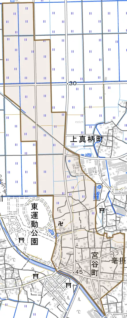 宮谷町とその周辺の地図。町の範囲を重ねている