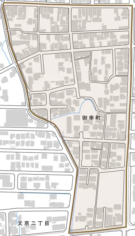 御幸町とその周辺の地図。町の範囲を重ねている