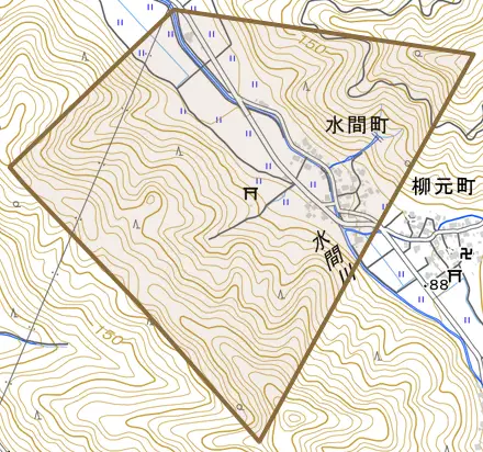 水間町とその周辺の地図。町の範囲を重ねている