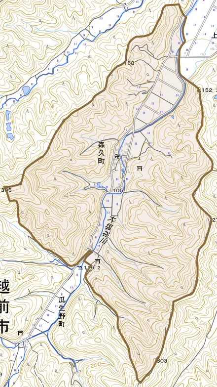 森久町とその周辺の地図。町の範囲を重ねている