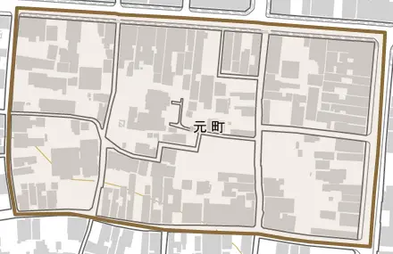 元町とその周辺の地図。町の範囲を重ねている