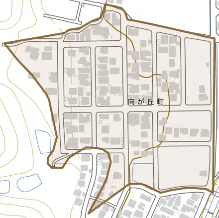 向が丘町とその周辺の地図。町の範囲を重ねている