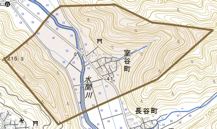 室谷町とその周辺の地図。町の範囲を重ねている